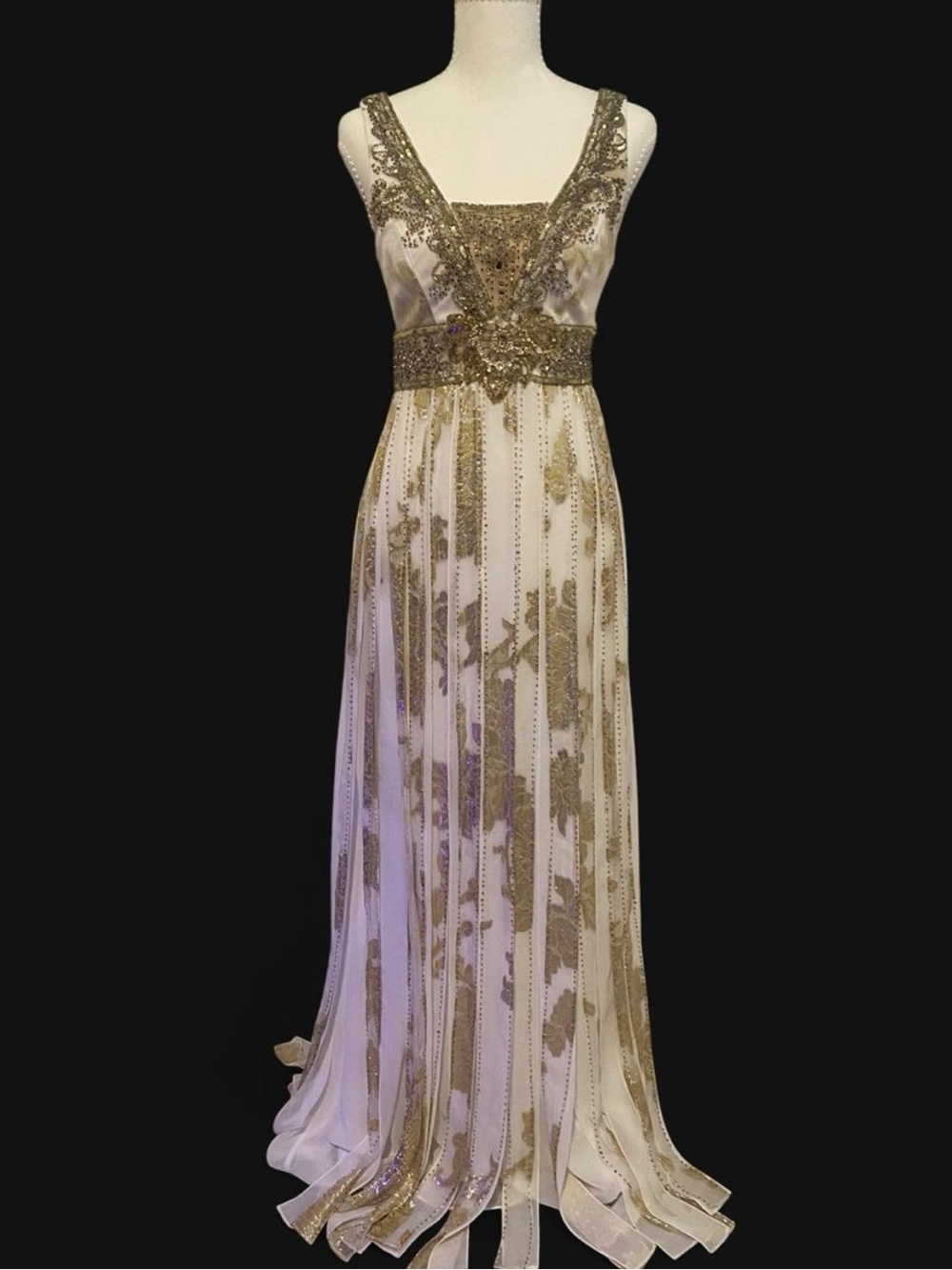 Sue Wong Nocturne White/Gold Beaded Sequin Fringe Bride Y2K Maxi Dress Gown 2